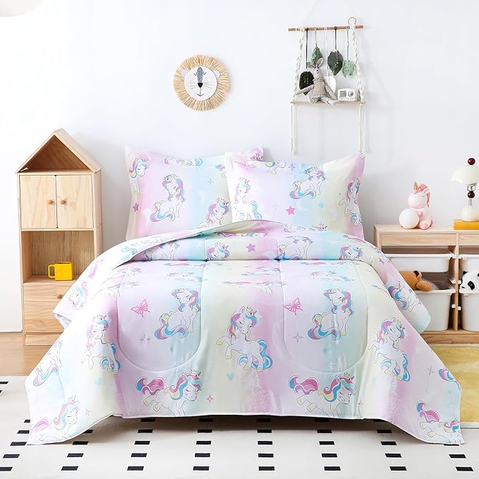 Yibeizi Twin Bed Comforter Set, Kids Lightweight All-Season Comforter Set Cute Rainbow Unicorn Pattern Microfiber Breathable Hypoallergenic Soft Oeko-Tex Bedding Comforter Sets