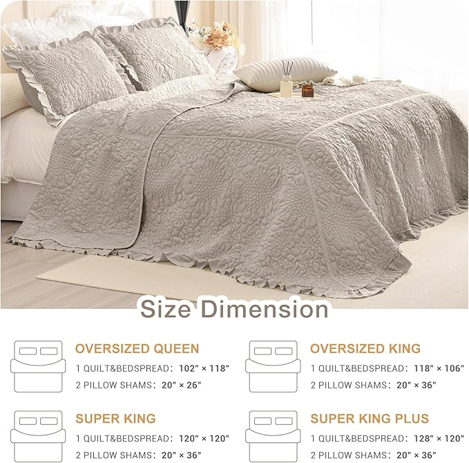 Masaca Oversized King Bedspread(118"x106"),Ruffled Farmhouse Shabby Boho Chic California King Quilt Set Oversized Linen Colored Crinkled Lightweight Rustic Stone-Washed Microfiber Bedding Set