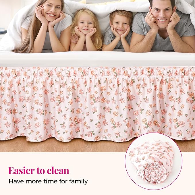 RIMELA Pastel Rose Bed Skirt Queen Size 15 Inch Drop, Elastic Bed Skirting for Bed Frame, Bedding Dust Ruffle Easy to Install, Lightweight Wrap Around Adjustable Bedskirt,Bedroom Decor