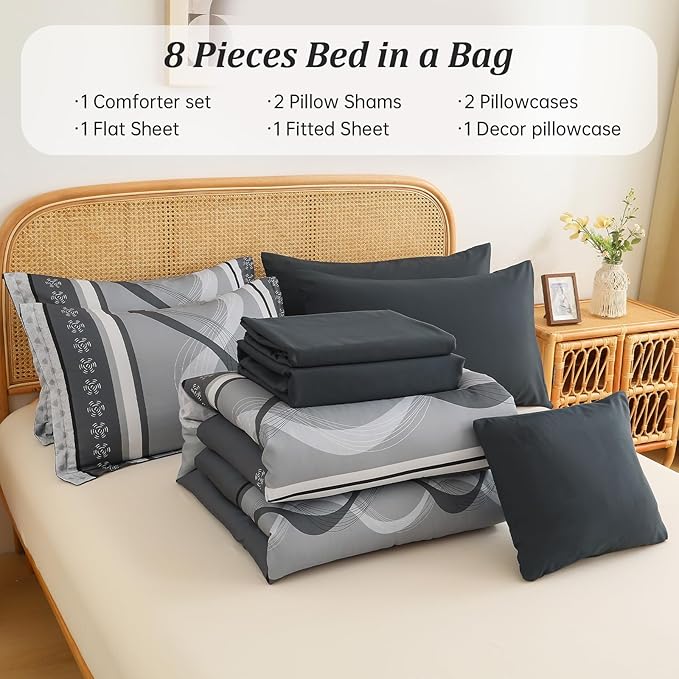Anibeddin Grey Comforter Set King Size,8 Pieces Boho Bed in a Bag Patchwork Striped Comforter Set, Soft Microfiber Bedding Set for All Season(104"×90")