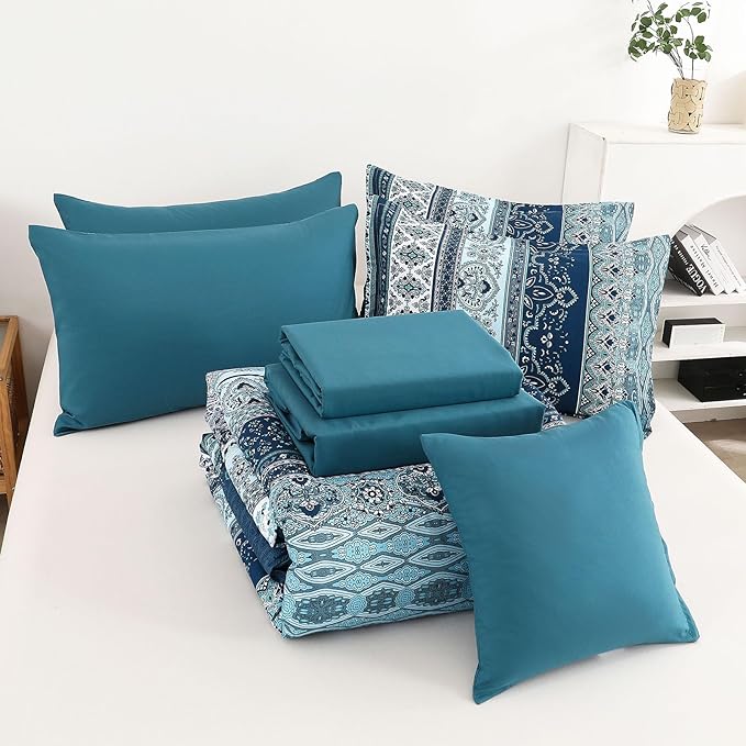 Cottolester Boho Comforter Set King Size 8 Pieces, Teal Blue Comforter Bohemian Striped Bed in A Bag, Soft Microfiber Bedding Set for All Seasons
