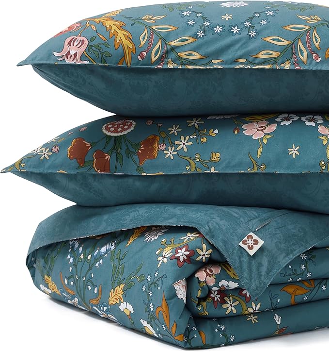 Bedsure 100% Cotton Reversible Floral Duvet Cover King Size - Botanical Shabby Chic Printed Comforter Cover with Zipper Closure & 2 Pillow Shams, No Comforter (Vintage Teal Floral 104"x90")
