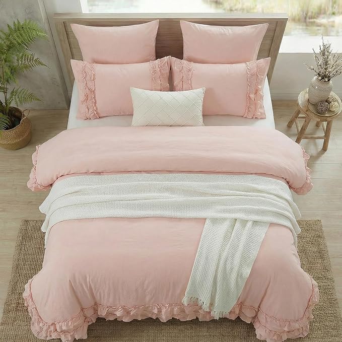 Pink Ruffled Duvet Cover Girls Coquette Bedding Set Cute Lace Fringe Ruffle Bedding Shabby Chic Farmhouse Style Super Soft Cozy Elegant Cover Cover Set Twin Size