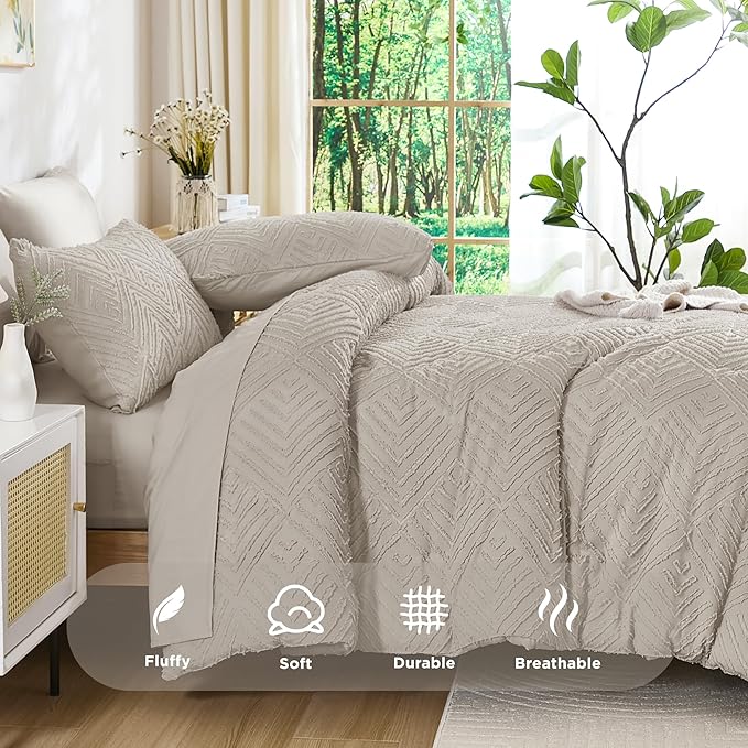Andency Super King Plus Comforter Set Linen - 7 Pieces Bed in a Bag Oversized King Bedding Sets, Boho Tufted Lightweight Fluffy Bed Set with Comforter, Sheets, Pillowcases & Shams