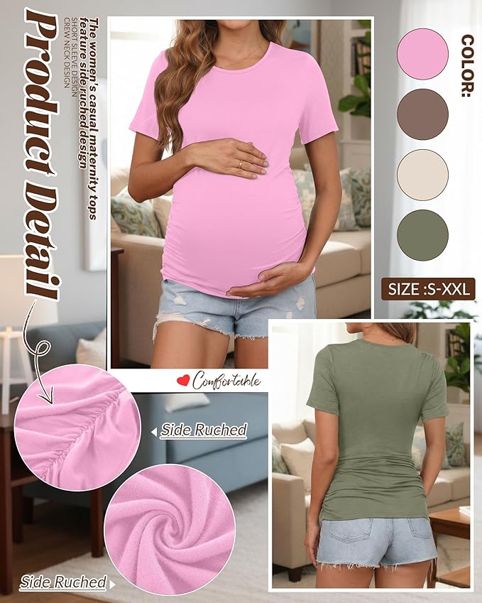 Huukeay 4 Pack Women's Maternity Shirts, Crew Neck Maternity Top Short Sleeve Casual Cotton Tee Side Ruched Pregnancy Clothes