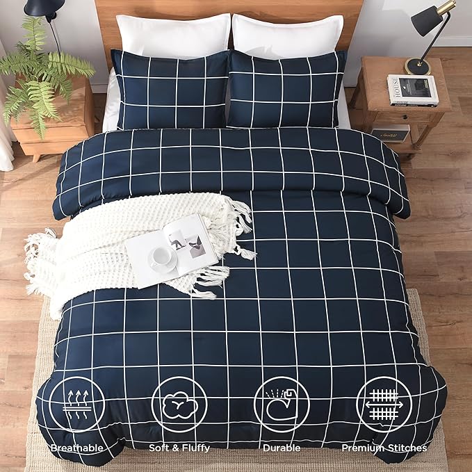 Andency Navy Plaid Comforter Queen(90x90Inch), Dark Blue Grid Gingham Buffalo Plaid Bed Set for Boys Kids Teens, 3 Pieces Lightweight Microfiber Geometric Preppy Bedding