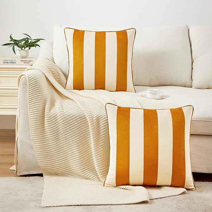 MONDAY MOOSE Decorative Throw Pillow Covers Cushion Cases, Set of 2 Soft Velvet Striped Piping Edge Designs, Pillow Inserts Not Included (22x22 inch, Honey/Cream)