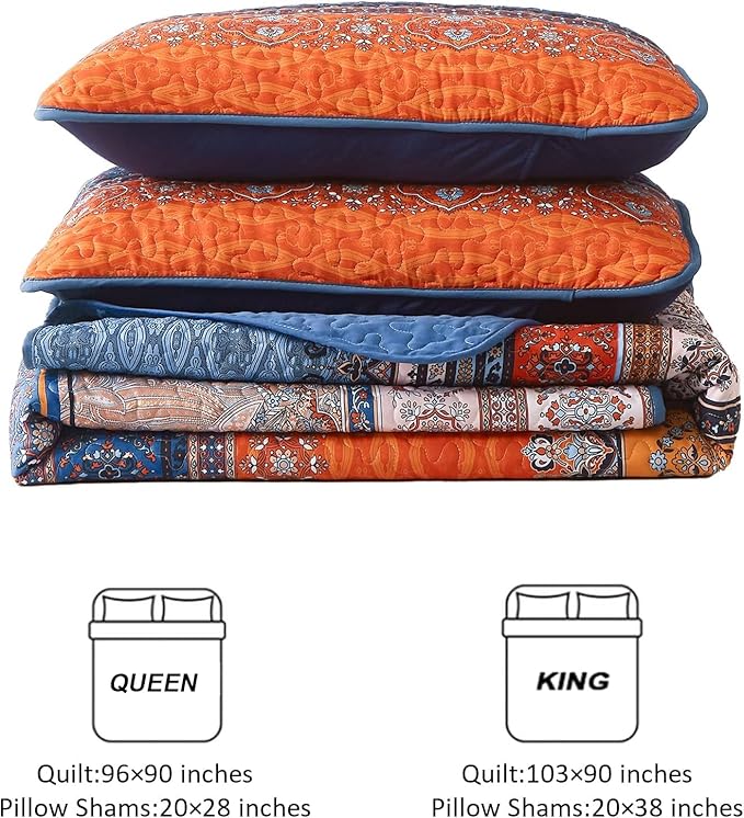 WONGS BEDDING Boho Quilt Set California King, Blue and Orange Bohemian Queen Summer Quilt Bedding Set, Lightweight Microfiber Bed Decor Bedspread for All Season 106"x96"(3 Pieces)