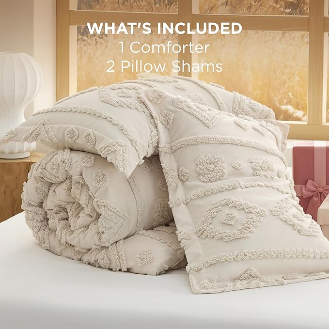 Bedsure Boho Tufted Beige Comforter Set Queen Size, GentleSoft™ 3 Pieces Boho Farmhouse Decor Bedding, Exquisite Shabby Chic Bedding for All Seasons, 1 Bed Comforter, 2 Pillow Shams, 90x90 Inches