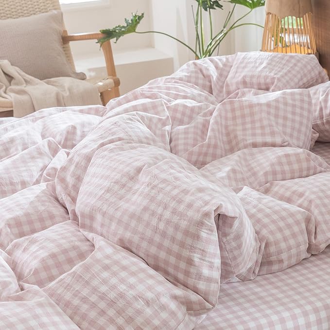 MooMee Gingham Duvet Cover Set 100% Washed Cotton Linen Like Textured Breathable Durable Soft Comfy Modern Checkered Design (Classic Gingham Greyish Pink, King 104"x90")
