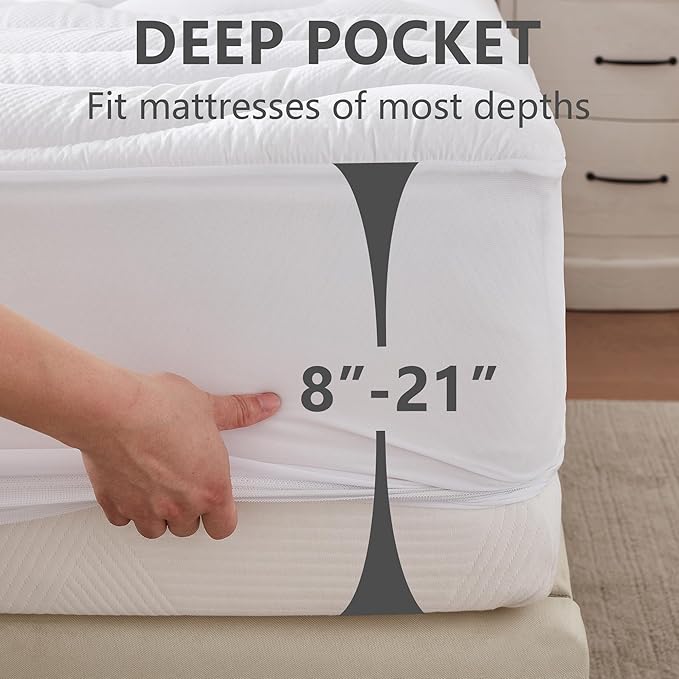 Twin Size Mattress Pad Waterproof, Pillow Top Cooling Twin Mattress Topper for Single Bed, Pee Proof Mattress Protector Cover Quilted Fitted with 8-21" Deep Pocket (39x75 inch, White)