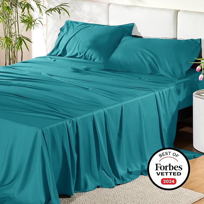 Bedsure California King Sheet Sets, Cooling Sheets, Rayon Derived from Bamboo, Breathable & Soft, Deep Pocket Up to 16 Inches, Hotel Luxury Silky Bedding for Hot Sleepers, Turquoise