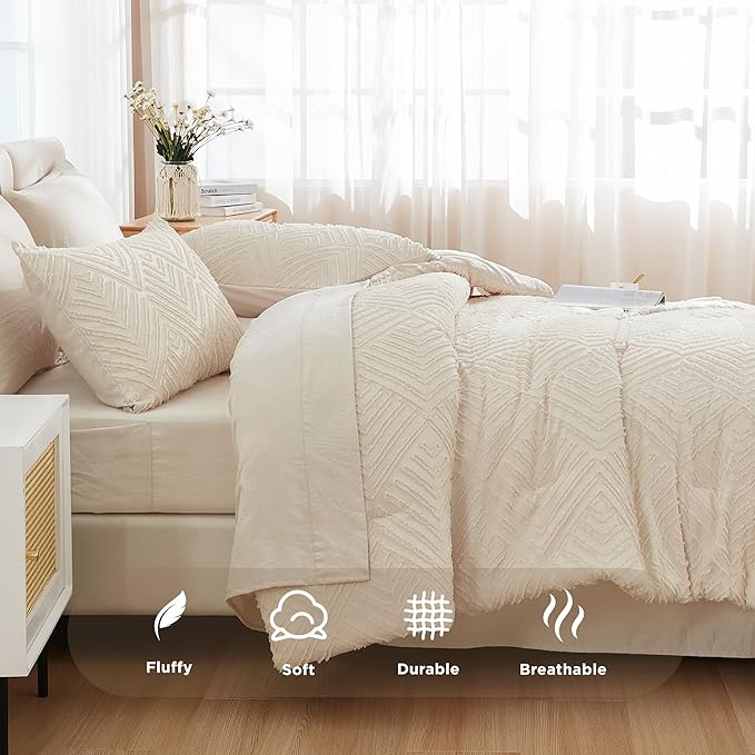 Andency Oversized Queen Size Comforter Set with Sheets Beige - 7 Pieces Bed in a Bag Oversized Queen Boho Tufted Lightweight Bedding Sets with Comforter, Sheets, Pillowcases & Shams