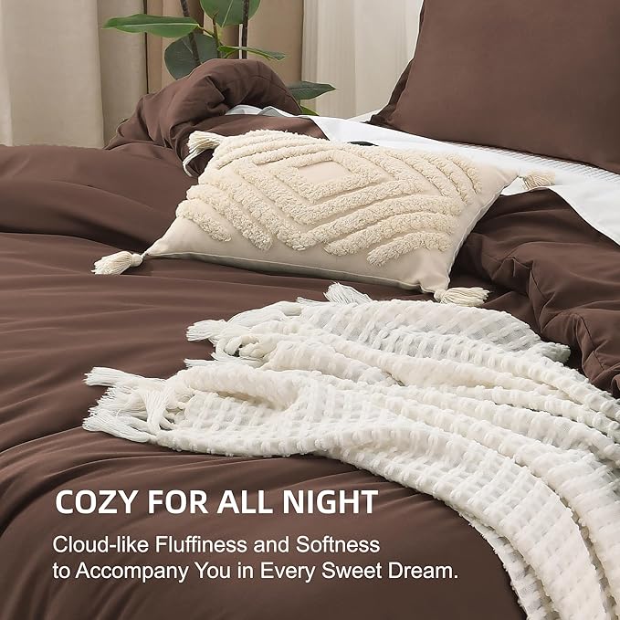 Litanika Brown Comforter Set King Size, 3 Pieces Lightweight Solid Bedding Comforter Set, All Season Fluffy Bed Set (104x90In Comforter & 2 Pillowcases)