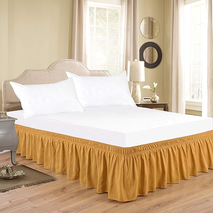 Bed Skirt - Wrap Around Bed Skirts Elastic Dust Ruffles, Easy Fit Wrinkle and Fade Resistant Luxurious Fabric Solid Color, Gold Queen XL Size Beds 15 Inch Drop