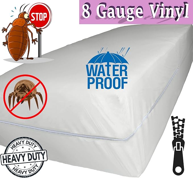 Superior Extra Heavy 8 Gauge Vinyl Mattress Protector Zippered Encasement Cover 100% Waterproof King Size White
