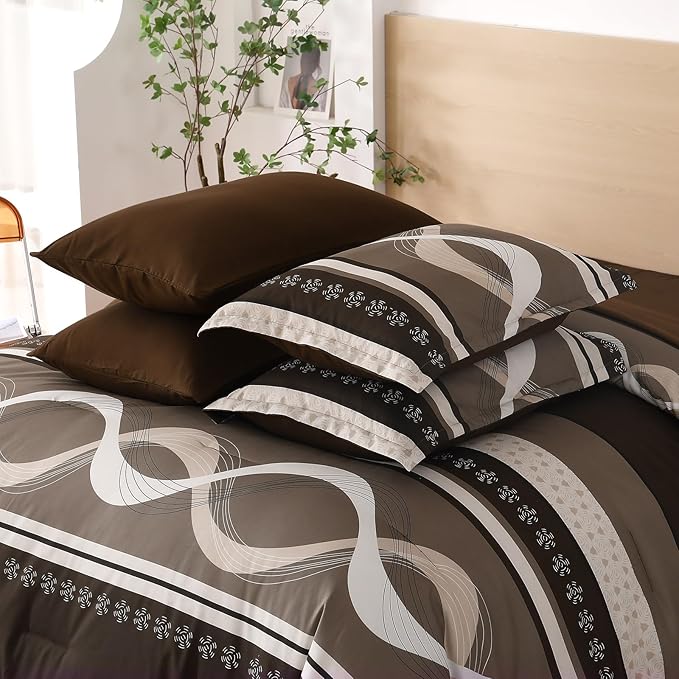 Brown Comforter Set Full Size, 8 Pieces Bed in a Bag Patchwork Striped Comforter Set, Soft Microfiber Boho Bedding Set for All Season(78"×90")