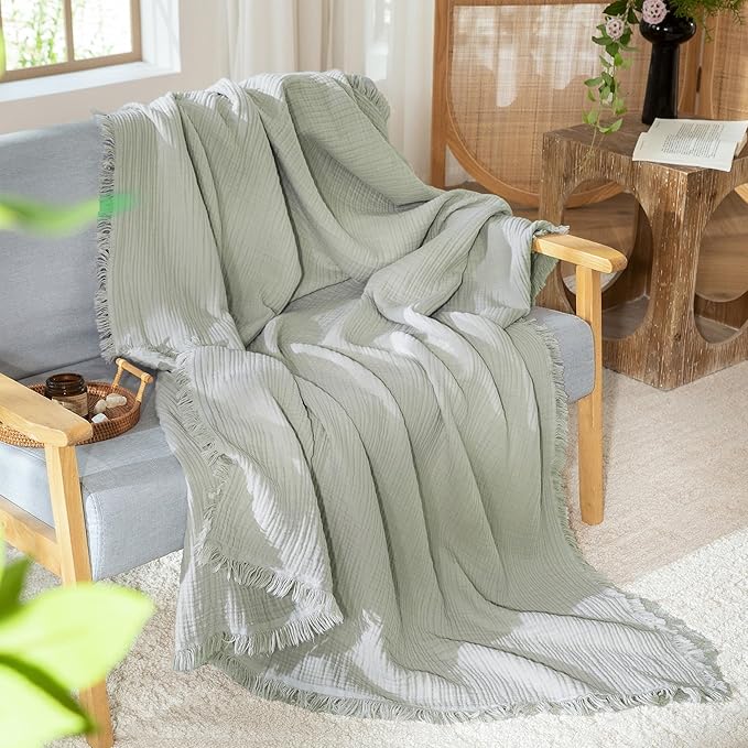 MooMee Muslin Blanket - 100% Cotton 4-Layer Gauze Throw Blanket with All-Around Fringe Ultra-Soft Breathable Lightweight Cooling for Bed Couch (Sage Green,Twin XL 66" x 90")