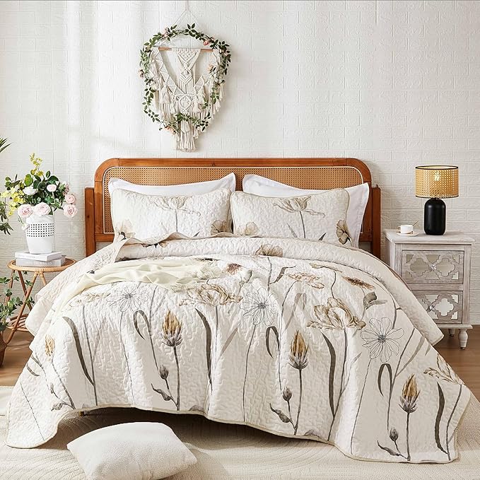 WONGS BEDDING Quilt Set Queen,Cute Floral Bedspread Coverlet Set,3 Pieces Brown Quilts Bed Cover,Lightweight Farmhouse Floewr Quilts Summer Bedding Set for All Season(96"x90")