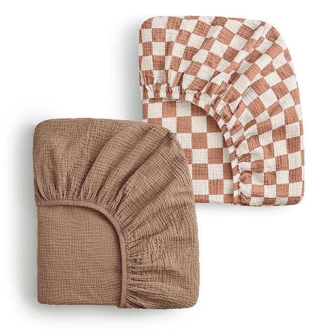 Blissful Diary Muslin Bassinet Sheets for Baby Girls Boys, Boho Soft Cotton Fitted for Oval Hourglass Rectangle Mattress, 2 Pack(Brown Checkboard & Brown)