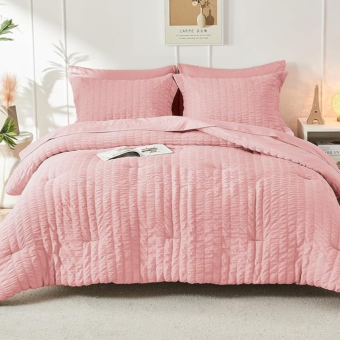 HYMOKEGE Rose Pink Twin Comforter Set Seersucker 5 Pieces, All Season Luxury Bed in a Bag for Bedroom, Bedding Set with Comforter, Sheets, Pillowcase & Sham