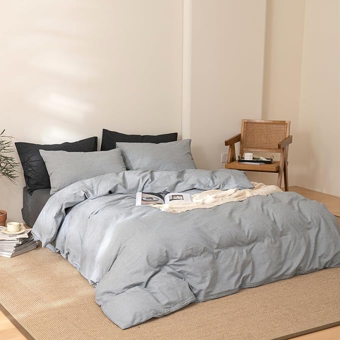 VM VOUGEMARKET Grey Pinstriped Duvet Cover Set Queen 100% Washed Cotton Bedding Set,Ticking Stripes Pattern Duvet Cover with Zipper Closure (3pcs, Horizontal Stripes)