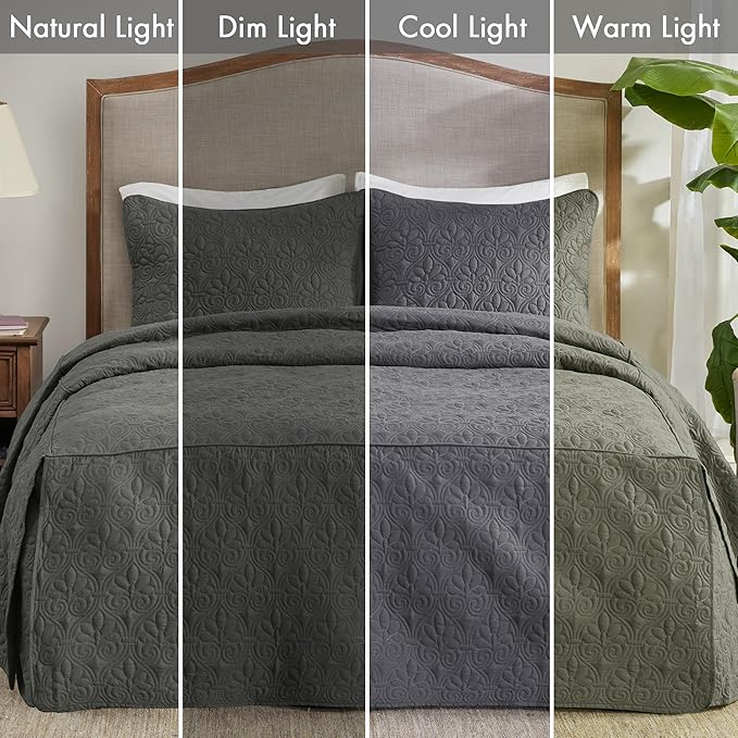 Madison Park Quebec Split Corner Quilted Bedspread Classic Traditional Design All Season, Lightweight, Bedding Set, Matching Shams, King, Damask Quilted Dark Grey 3 Piece