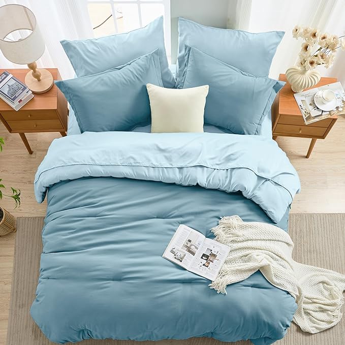 MUXHOMO 7 Pieces Queen Comforter Set, Soft Bed in a Bag Queen Size, All Season Bedding Set with Comforter, Flat Sheet, Fitted Sheet, Pillowcases & Shams, Mineral Blue & Light Blue