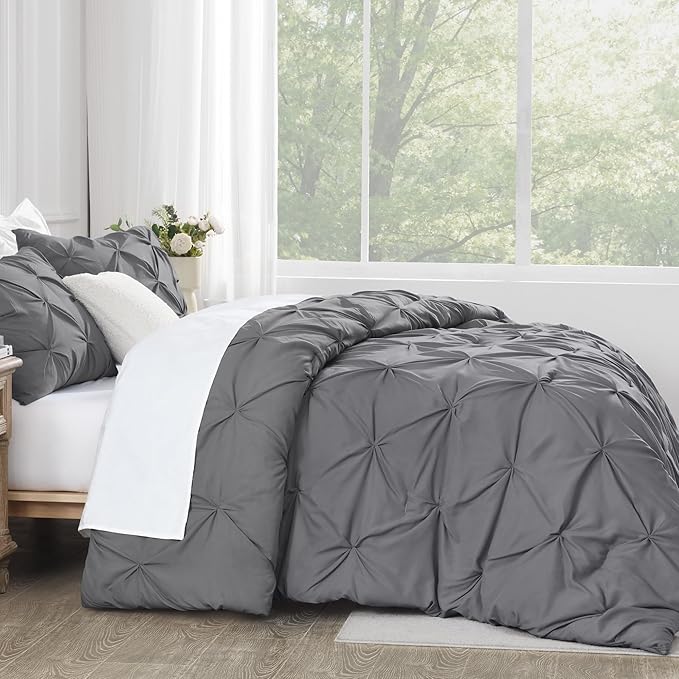 Andency California King Comforter Set Medium Gray (104x96Inch), Pinch Pleat Cal King Comforter Set 3 Pieces, Oversized King Pintuck Bed Comforter, Microfiber Down Alternative Comforter Bedding Set