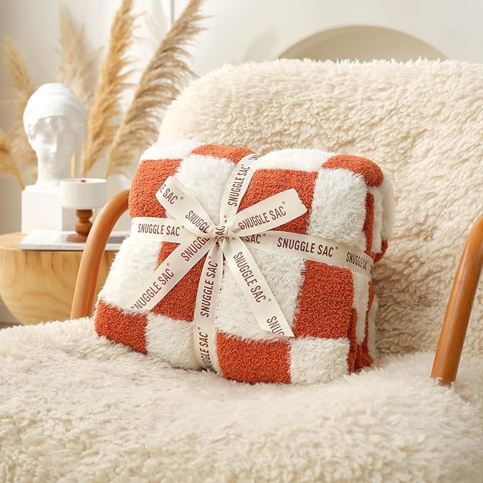 Snuggle Sac Orange Throw Blanket for Fall,Soft Fall Checkered Blanket for Couch, Cozy Faux Fur Knit Microfiber Blankets for Sofa, Bed, Orange Checker,50x60 inches