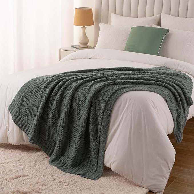 Battilo Sage Green Diamond Knit Throw Blanket for Couch and Bed, Soft Textured Chenille Blanket, Cozy Lightweight Decorative Blanket for Sofa, 50"x60"