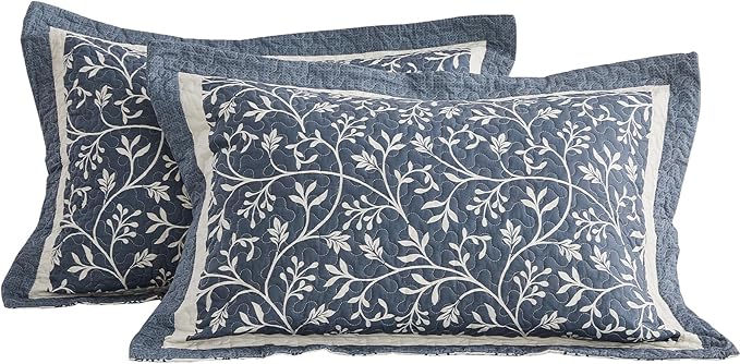Oversized Queen Bedspread Set - 100% Cotton Lightweight Quilted Coverlet - Soft Reversible Bedding, Botanical Floral Design - Includes 1 Bedspread (102x120) & 2 Pillow Shams - Grayish-Blue