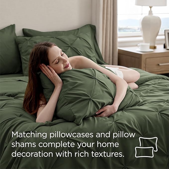 Bedsure Full Comforter Set Olive Green - Bed in a Bag Full Size Bedding Set 7 Pieces, GentleSoft™ Pintuck Bed Set Gift for Family, Pinch Pleat All Season Comforter with Sheets, Pillowcases & Shams
