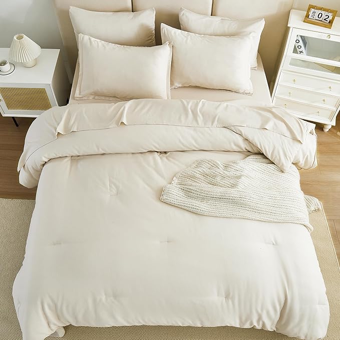 Litanika California King Comforter Set Beige - 7 Pieces Bed in a Bag Cal King Bedding Comforter Sets, Plain Lightweight Bed Set with Comforter, Sheets, Pillowcases & Shams