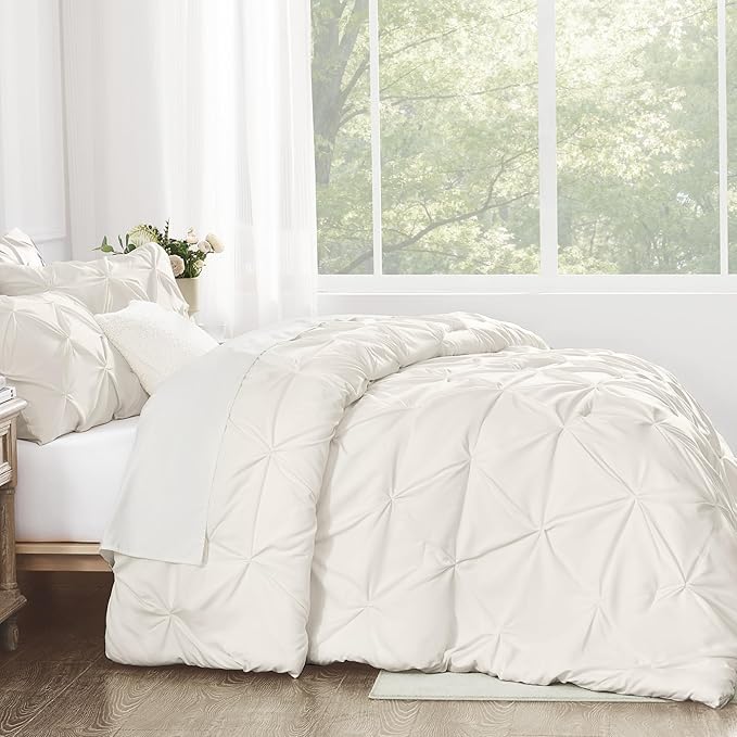 Andency California King Comforter Set Ivory (104x96Inch), Pinch Pleat Cal King Comforter Set 3 Pieces, Oversized King Pintuck Bed Comforter, Microfiber Down Alternative Comforter Bedding Set