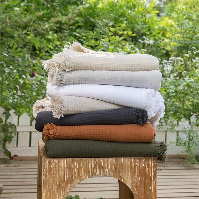 MooMee Muslin Blanket - 100% Cotton 4-Layer Gauze Throw Blanket with All-Around Fringe, Ultra-Soft Breathable Lightweight Cooling Decorative for Bed, Sofa & Couch (Cream Grey,Twin XL 66" x 90")