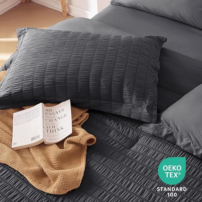 MUXHOMO 7 Pieces California King Comforter Set, Seersucker Bed in a Bag Cal King Size, All Season Luxury Bedding Set with Comforter, Flat Sheet, Fitted Sheet, Pillowcases & Shams, Dark Grey