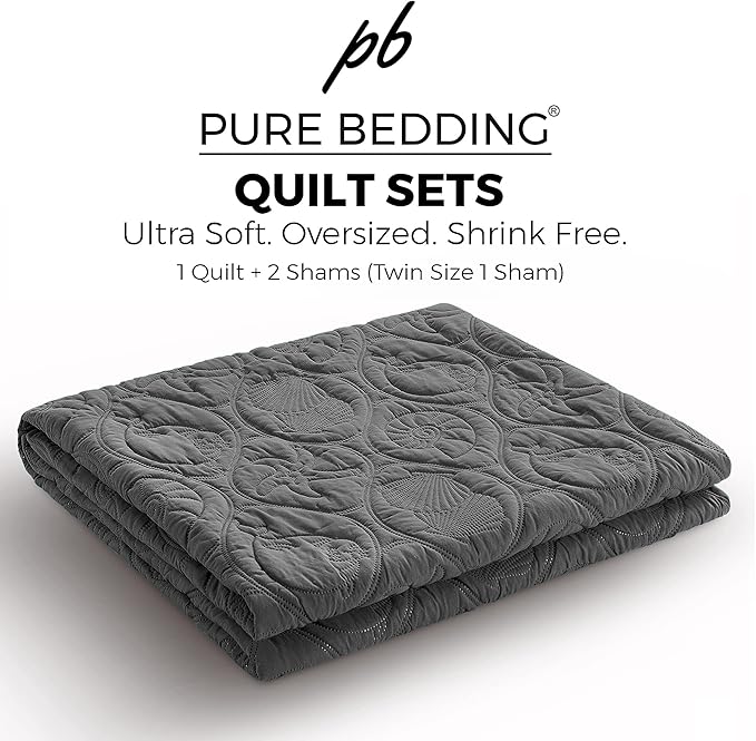 Pure Bedding Quilt Set Full/Queen Size Dark Grey - Oversized Bedspread - Soft Microfiber Coverlet for All Season - Includes 1 Quilt and 2 Shams, Ocean Star Pattern