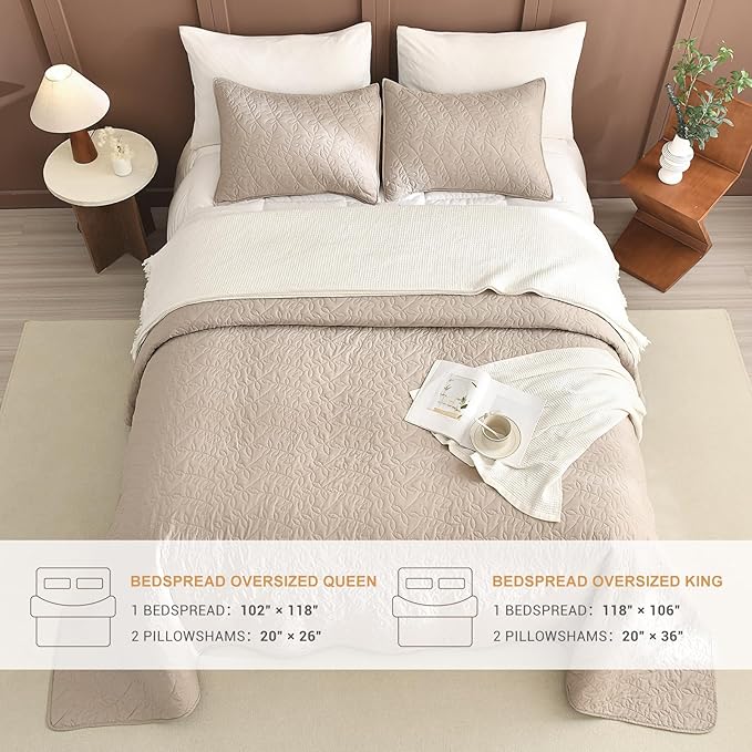 Lady Ann Queen Bedspreads 102x118 Leaves Pattern Printed Bedspreads & Coverlets, 3 Pcs Linen Feel Queen Quilt Set Lightweight & Soft Farmhouse Bedding Sets