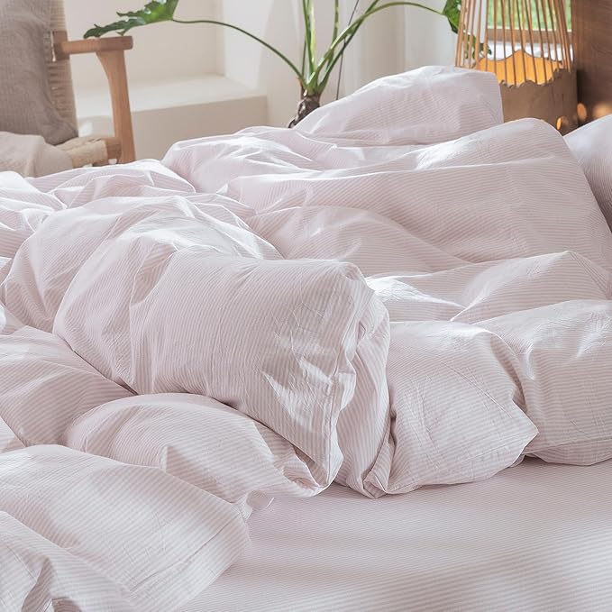 MooMee Striped Duvet Cover Set 100% Washed Cotton Linen Like Textured Breathable Durable Soft Comfy (Heathered Greyish Pink Pinstripes, Queen 90"x90")