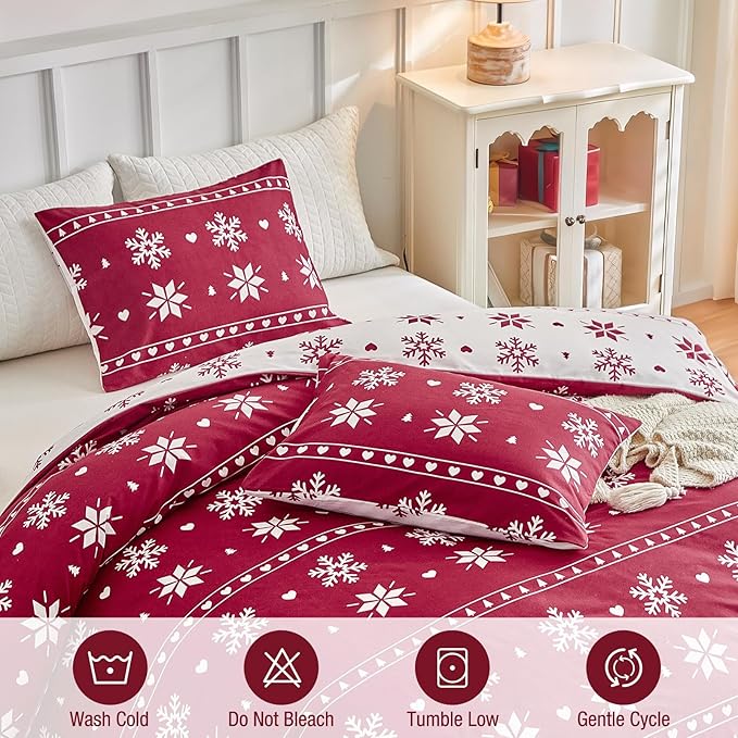 Lekesky Duvet Cover Queen Size,3 Pieces Reversible Duvet Cover Set with Snowflake Red Bedding Set with Zipper and 8 Corner Ties, 1 Duvet Cover 90x90 inches + 2 Pillowcases