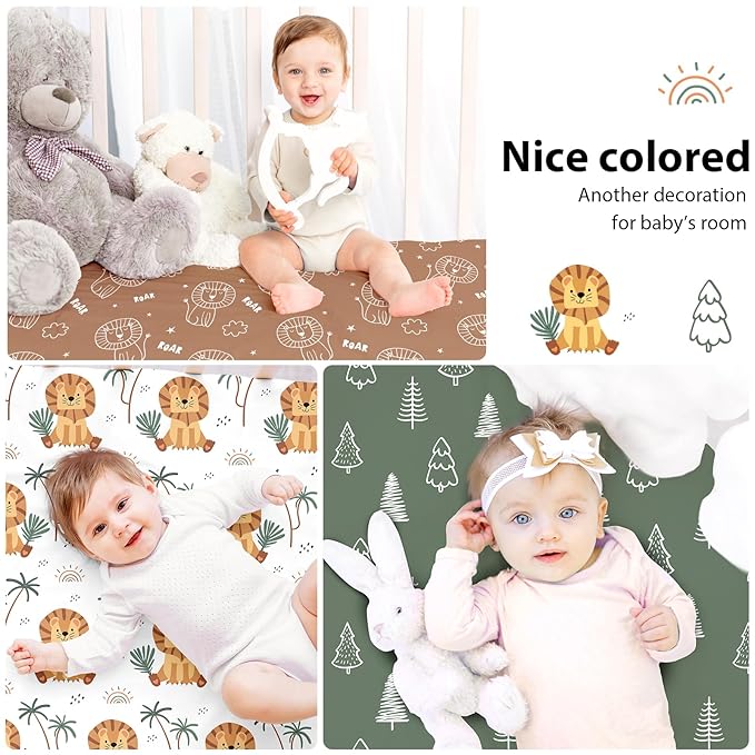 Baby Mini Crib Sheets Boy, Portable 38”x26” Pack and Play Sheets Fitted for Playard and Pack N Play Mattress, 3-Pack Soft Microfiber Brown Lion