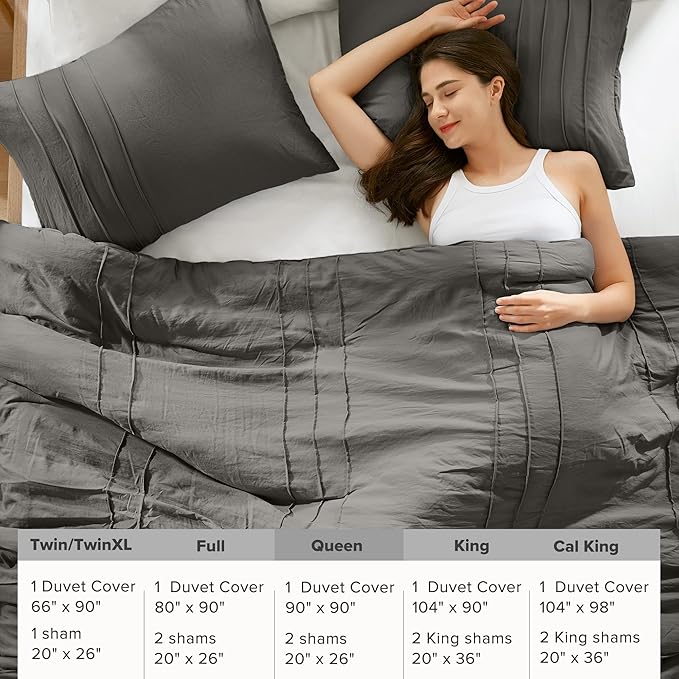Comfort Spaces Grey Queen Size Duvet Cover Set - 3 Pieces Pintuck Pleated Duvet Cover, All Season Lightweight, Extra Softness Pre-Washed Microfiber Bedding Cover Shams, Full/Queen