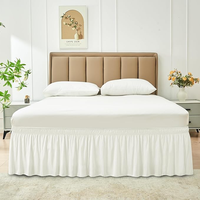 Biscaynebay Wrap Around Bed Skirts for King & Cal King Beds 22" Long Drop, Ivory Adjustable Elastic Dust Ruffles Easy Fit Wrinkle Resistant Silky Luxurious Fabric Machine Washable