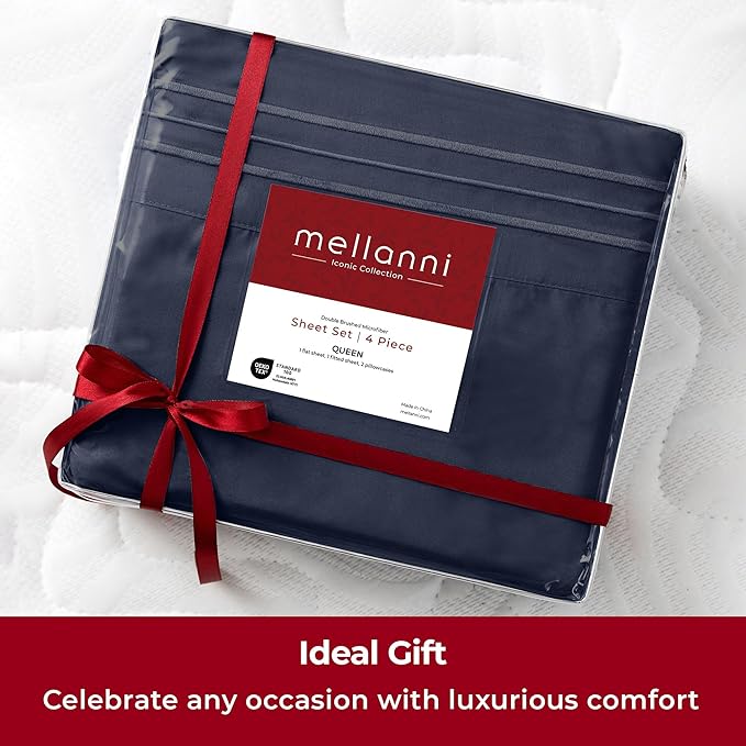 Mellanni Extra Deep Twin XL Sheets - 3 PC Iconic Collection Bedding - Hotel Luxury, Ultra Soft, Cooling Bed Sheets - Wrinkle, Fade, Stain Resistant (Twin Extra Long, Navy Blue)