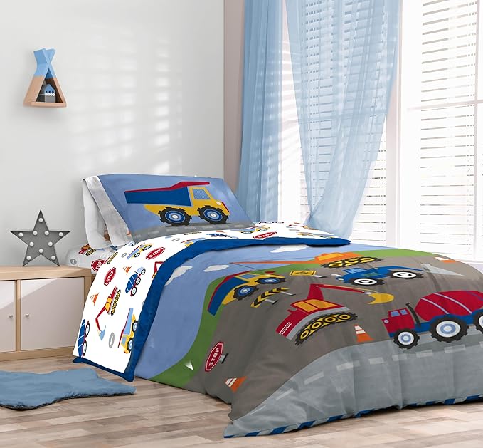 Sunny Side Up Construction Zone Full Comforter Set - 7 Piece Kids Bedding Includes Comforter, Sheets & Pillow Cover - Super Soft Vehicles Microfiber Bed Set