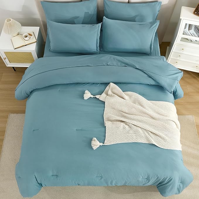 Litanika Super King Comforter Sets Grayish Teal - 7 Pieces Bed in a Bag Oversized King Bedding Comforter Sets, Solid Lightweight Bed Set with Comforter, Sheets, Pillowcases & Shams