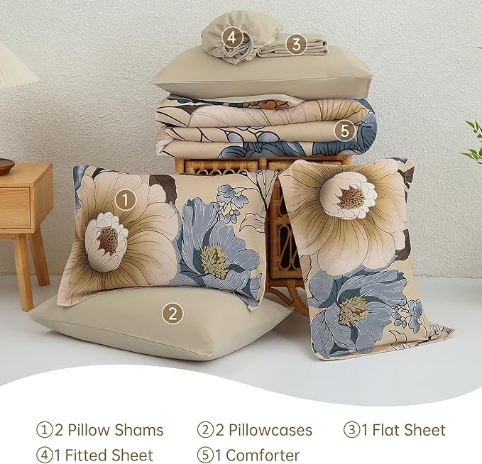 Xruibed Fall Floral Comforter Set King Size 7 Pieces Bed in a Bag Brown Flower Bedding Sets Lightweight Boho Bed Set with Sheet,Pillowcases&Shams for All Season