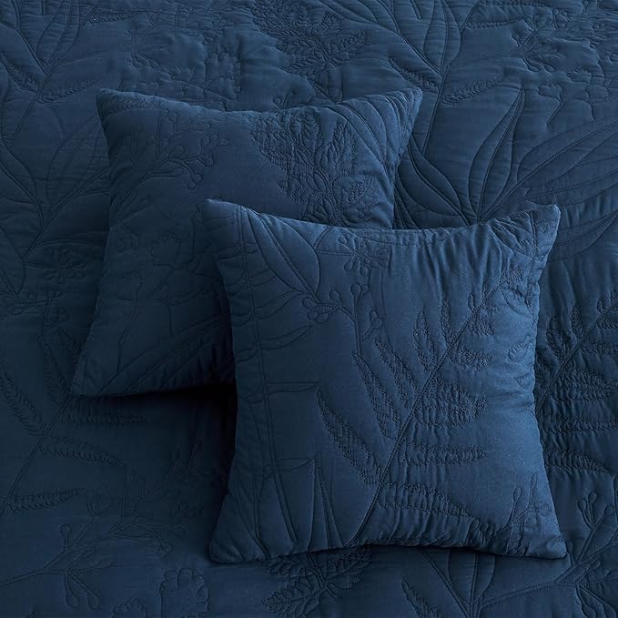 Botanical Oversized Bedspread King Size - Leaves Pattern Stitching Quilt Set - Elegant & Fresh Style Bedding Coverlets, Reversible, Lightweight, 5 Piece, Navy