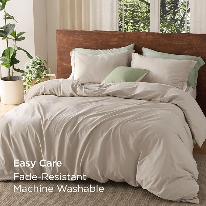 Bedsure 100% Washed Cotton Duvet Cover Full Size - Linen Color Minimalist Cotton Duvet Cover Linen Like for All Seasons - GentleSoft™ Plain Simple Bedding (Full, 80"x90")